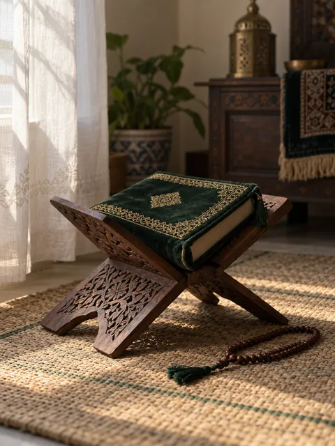 A closed Quran in a green cloth cover resting on a wooden rehal